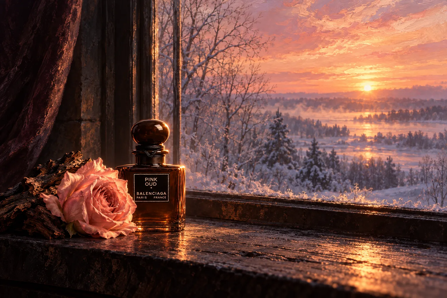 Balenciaga Pink Oud bottle, pink rose, and dark wood on a frosted windowsill overlooking a snowy landscape beneath a pink and gold sunrise.