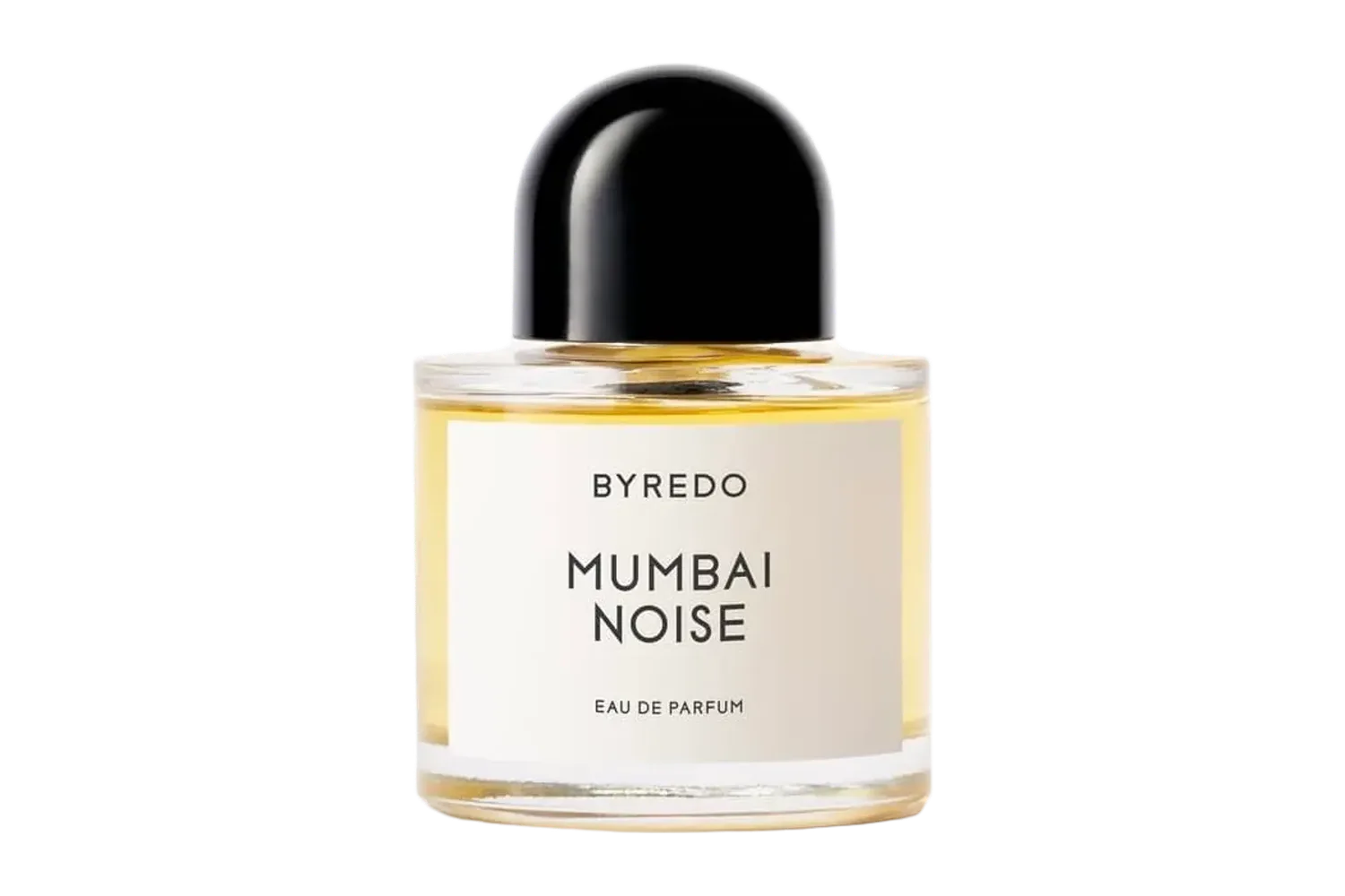 A bottle of Byredo Mumbai Noise eau de parfum: a clear cylindrical flacon with a black domed cap and a white label reading “Byredo Mumbai Noise”.
