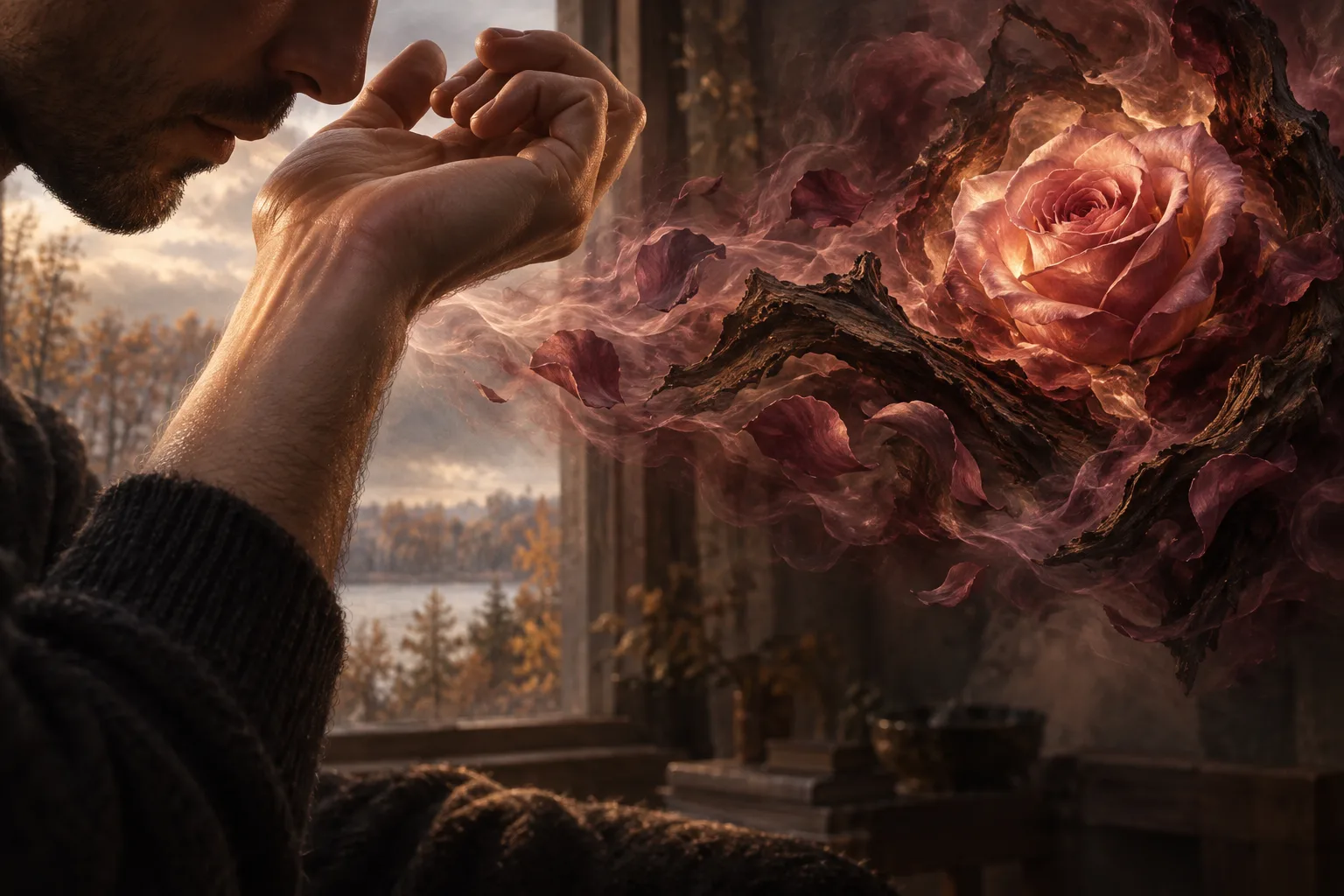 Illustration of a man smelling his wrist beside a window, with a glowing pink rose, floating petals, and dark wood suspended in mist.