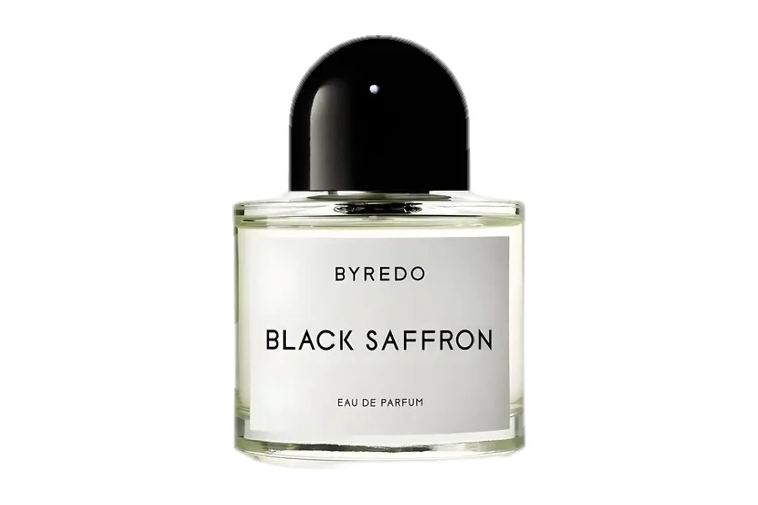 A bottle of Byredo Black Saffron eau de parfum: a clear cylindrical flacon with a black domed cap and a white label reading “Byredo Black Saffron”.