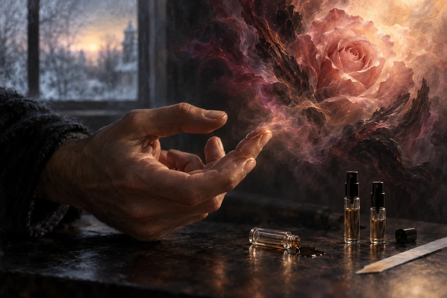 Illustration of perfume glistening on fingertips beside spilled sample vials, with a luminous pink rose and dark wood emerging in swirling mist.