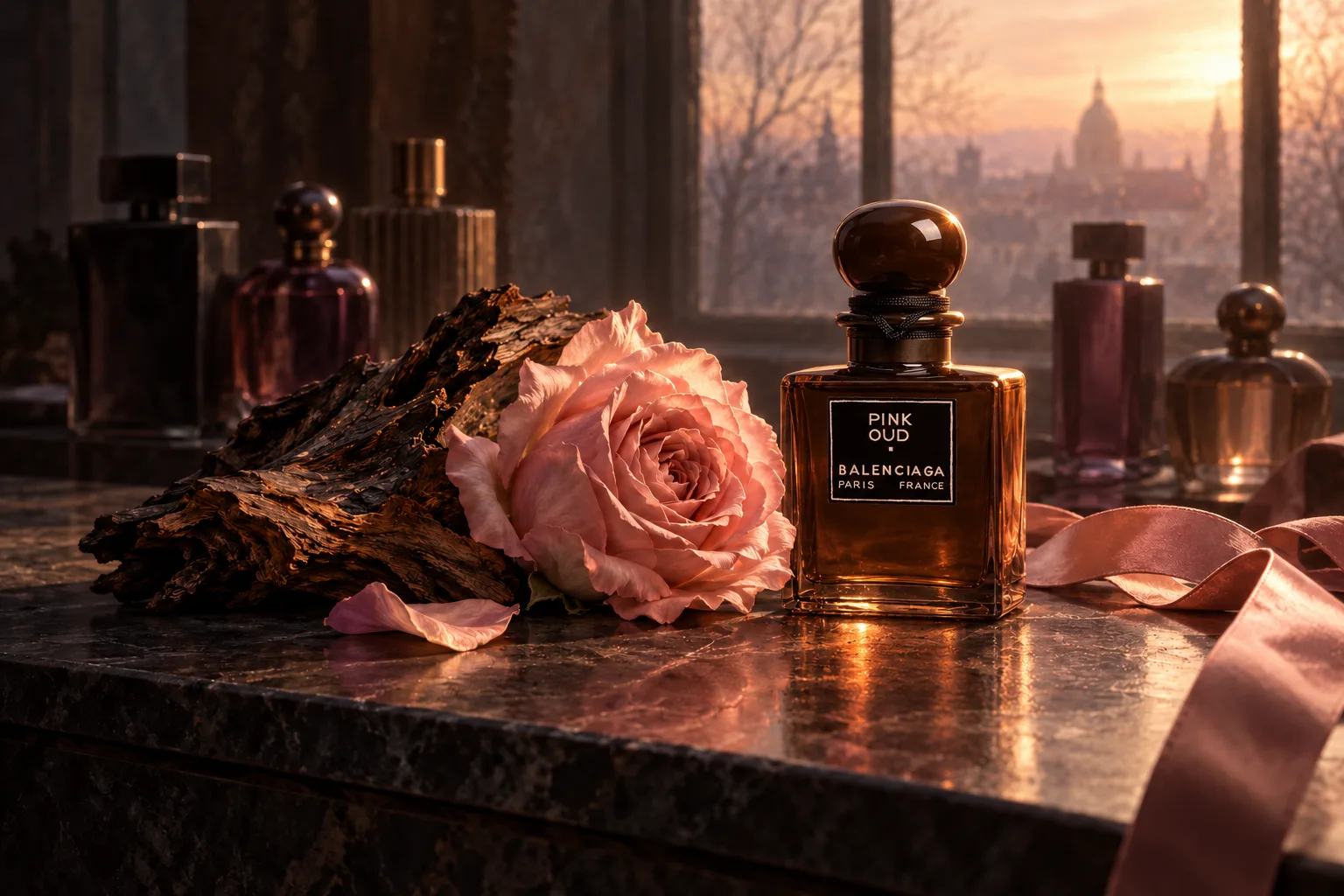 Balenciaga Pink Oud bottle beside a pink rose, dark oud wood, and blush ribbon on marble, with other perfumes blurred in warm window light.