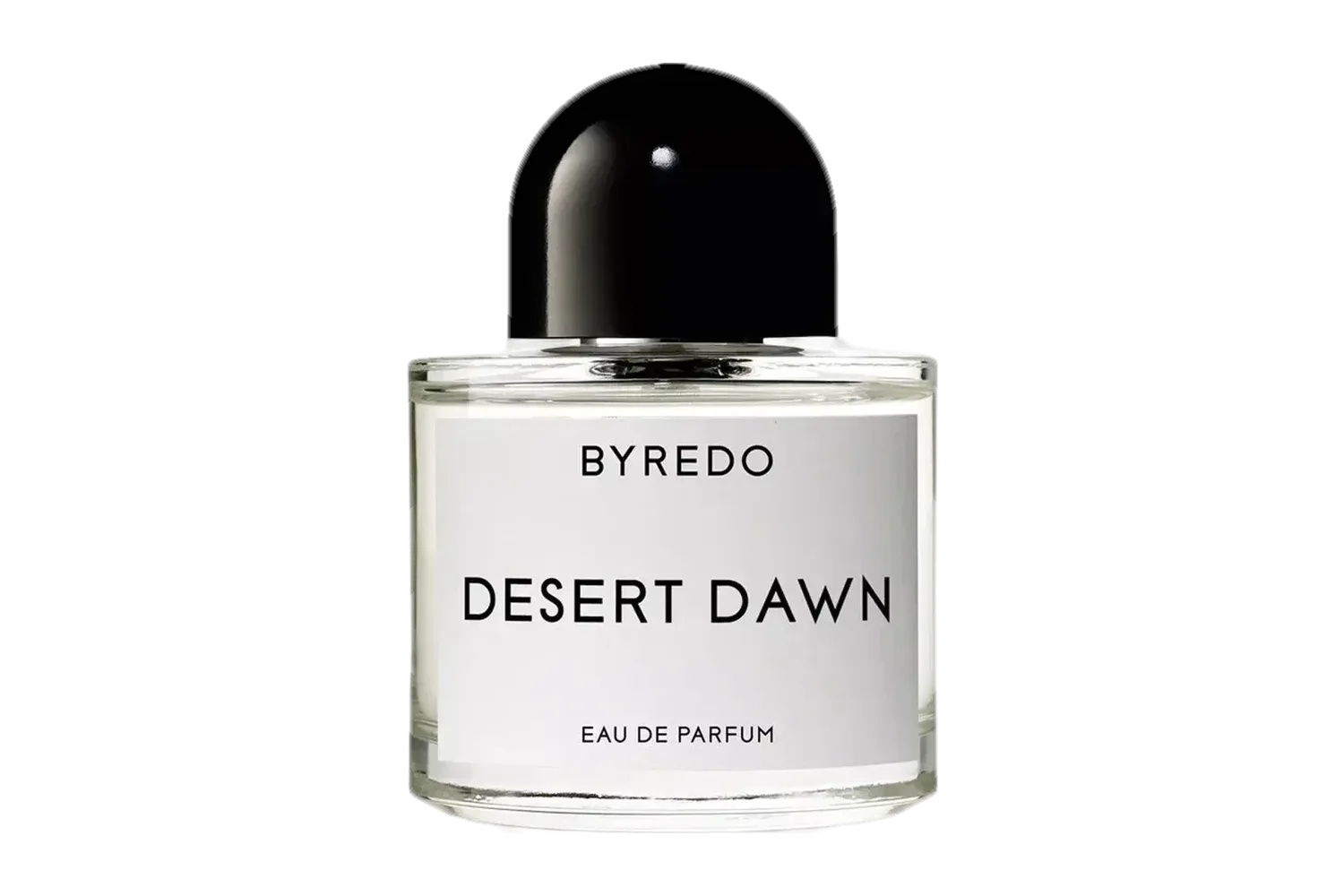 A bottle of Byredo Desert Dawn eau de parfum: a clear cylindrical flacon with a black domed cap and a white label reading “Byredo Desert Dawn”.