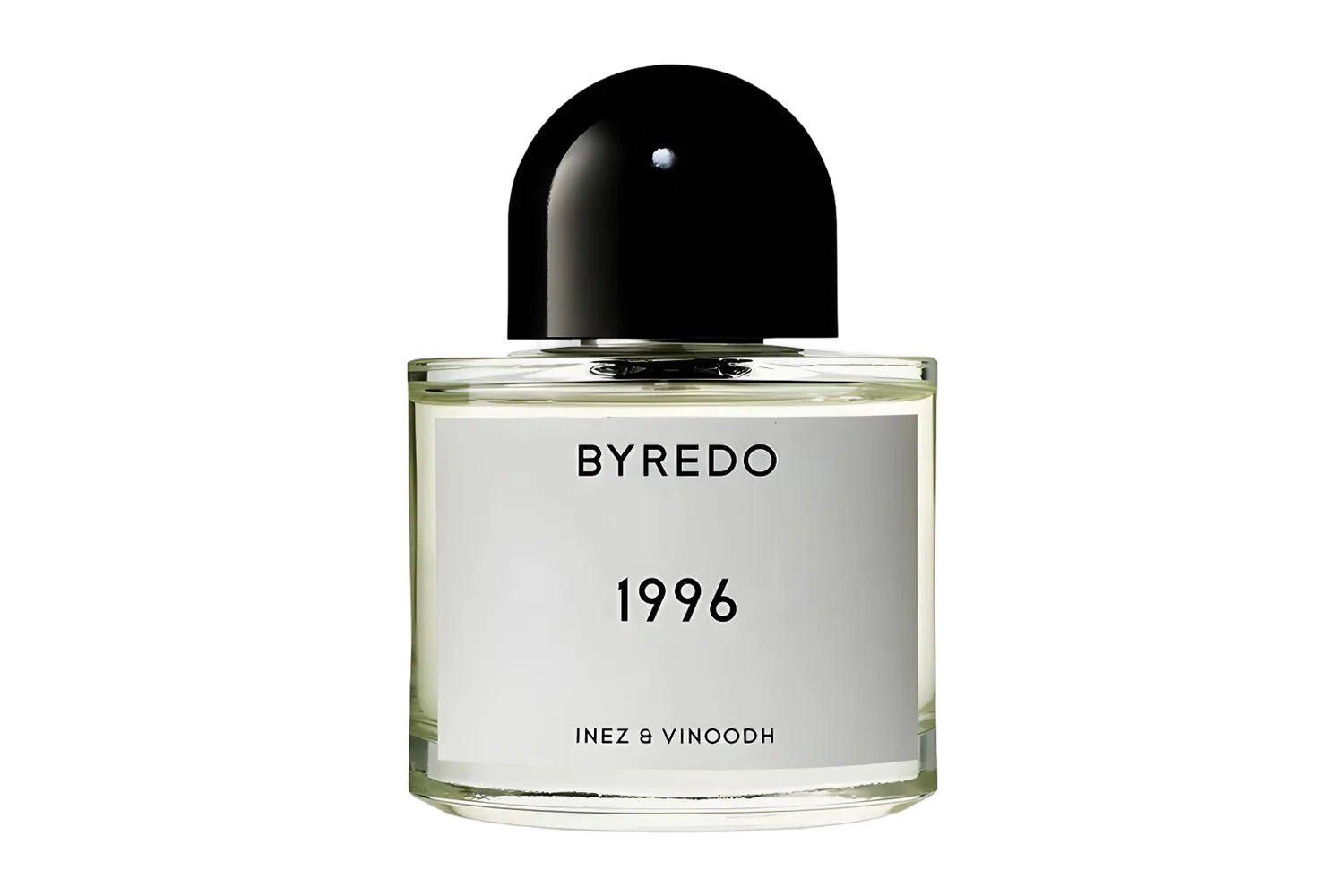 A bottle of Byredo 1996 eau de parfum: a clear cylindrical flacon with a black domed cap and a white label reading “Byredo 1996, Inez & Vinoodh”.