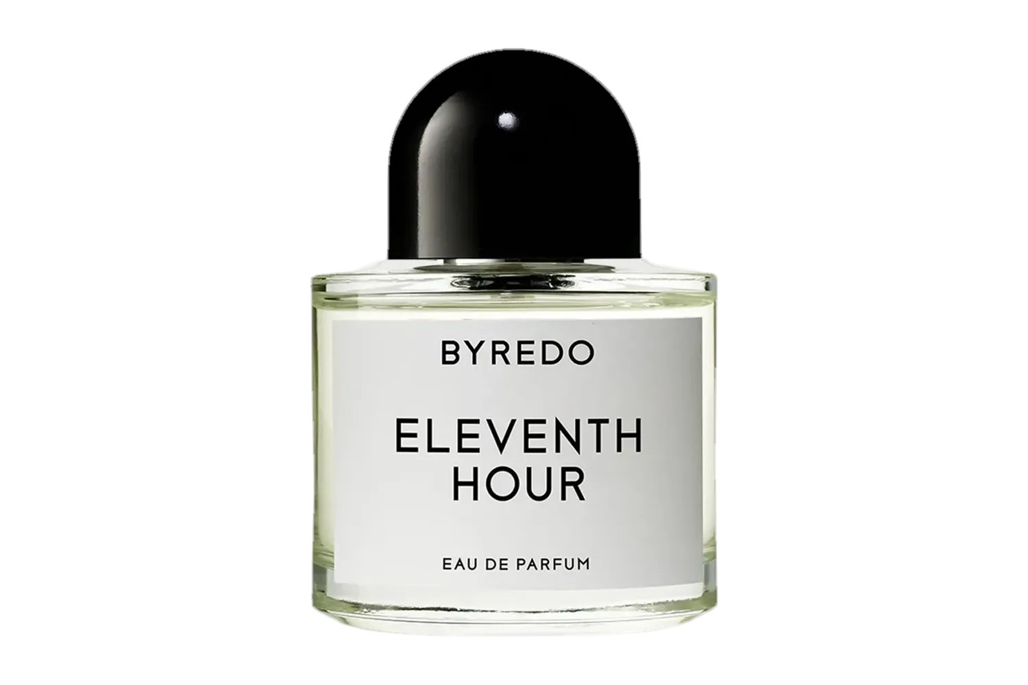 A bottle of Byredo Eleventh Hour eau de parfum: a clear cylindrical flacon with a black domed cap and a white label reading “Byredo Eleventh Hour”.
